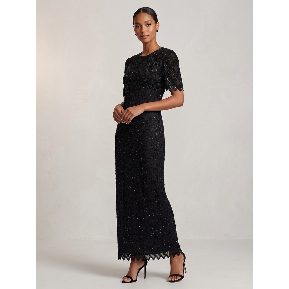 Laurence Kazar Black Silk Beaded Evening Gown Vintage Maxi Dress 1X Formal